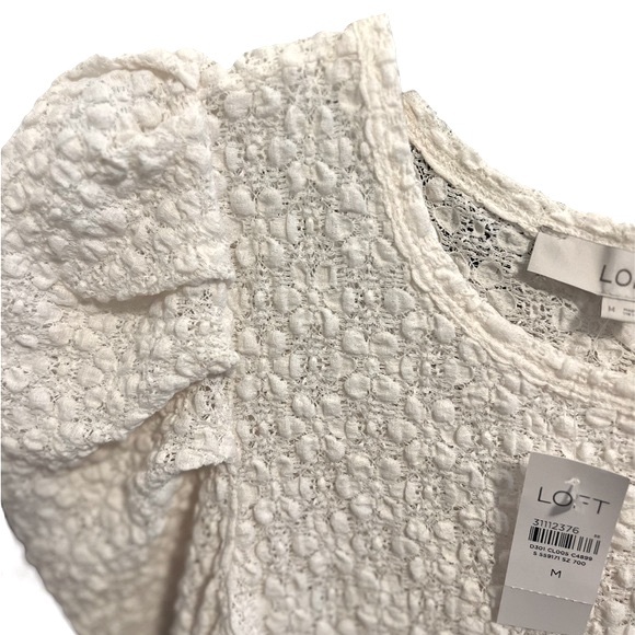 Ann Taylor LOFT Floral Lace Pleated Puff Sleeve Crinkle White Top - Picture 4 of 5